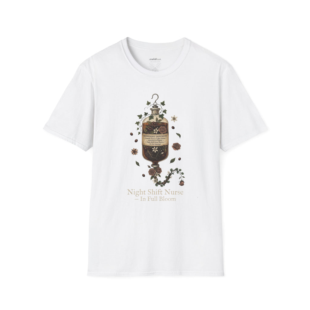 White night shift nurse t-shirt with an IV bag filled with coffee graphic design on a white background