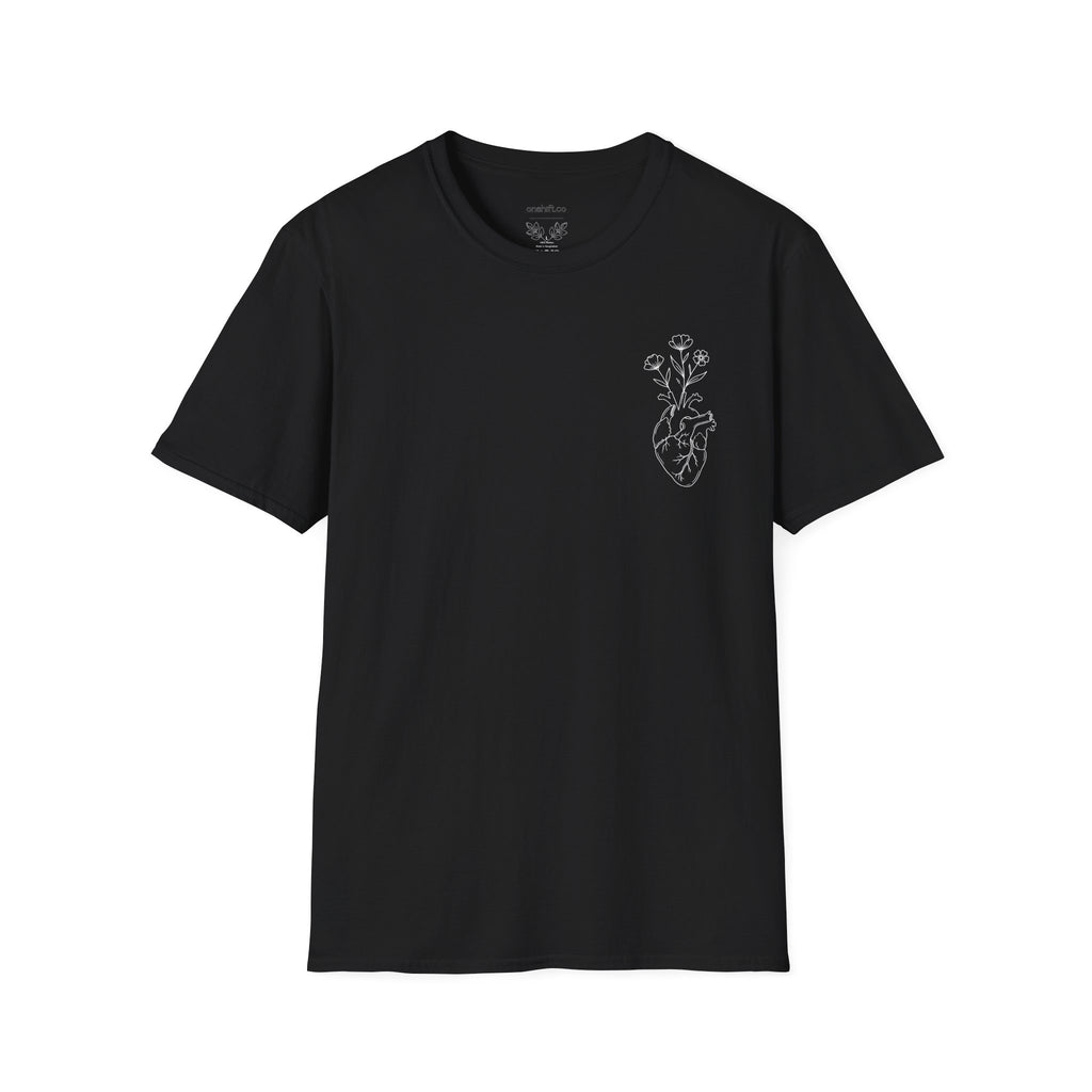 Brown t-shirt with a small heart and floral graphic on the chest against a white background