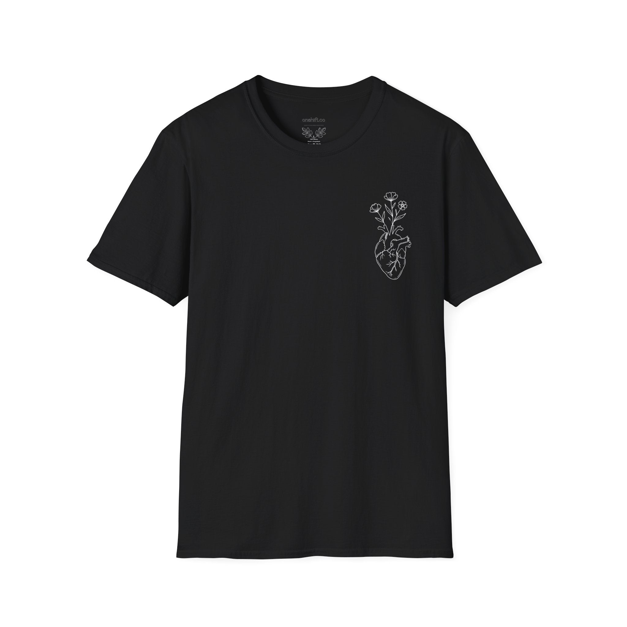 Brown t-shirt with a small heart and floral graphic on the chest against a white background