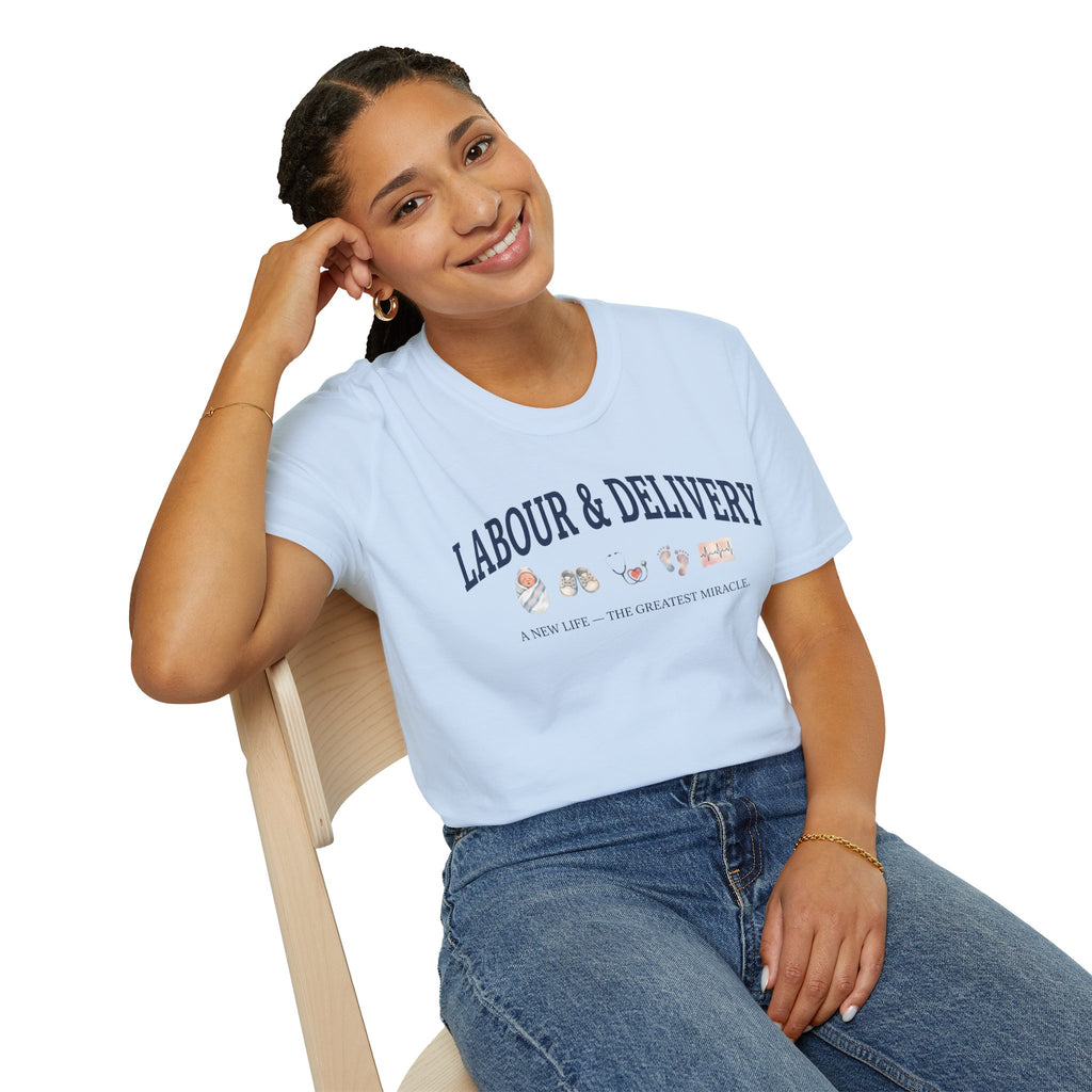 Labor and delivery nurse vintage collegiate-style t-shirt