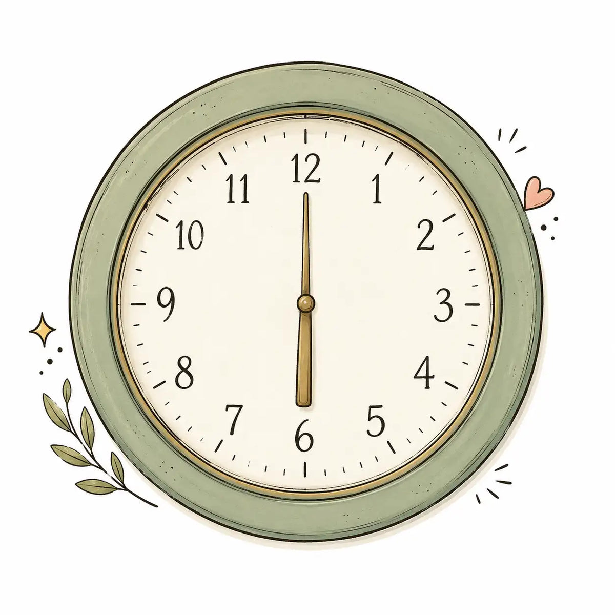 A round wall clock with a muted sage green frame, cream dial, black numerals, and gold-toned hands, shown on a white background with small decorative leaf, star, heart, and dash accents around it.