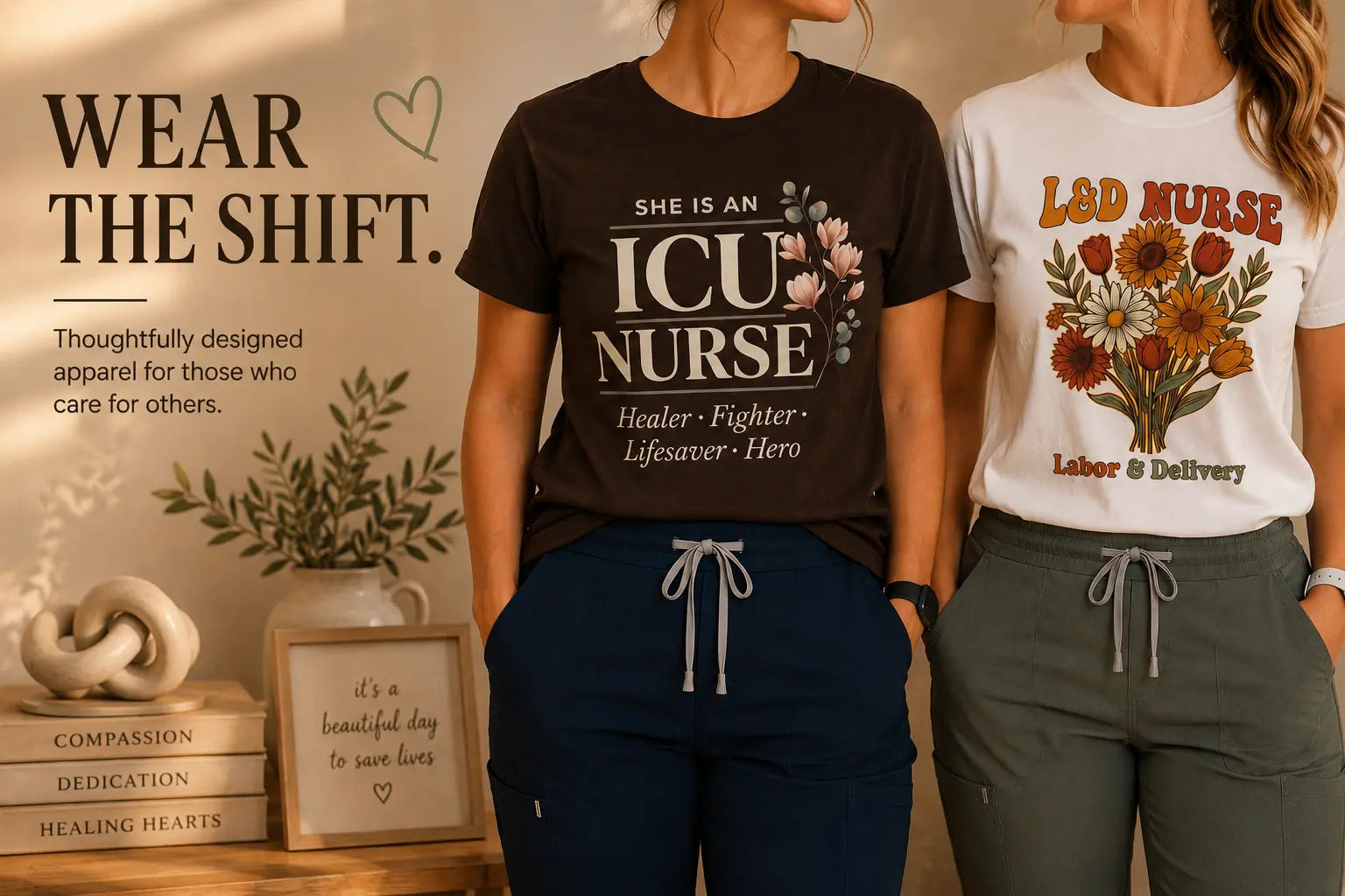 Two people wearing themed t-shirts with nurse-related designs and text.