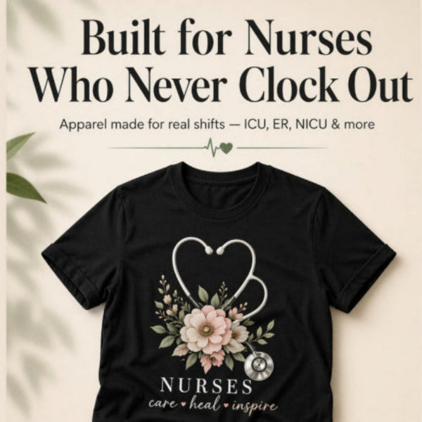 Black t-shirt with floral design and text 'Nurses care heal inspire' on a beige background