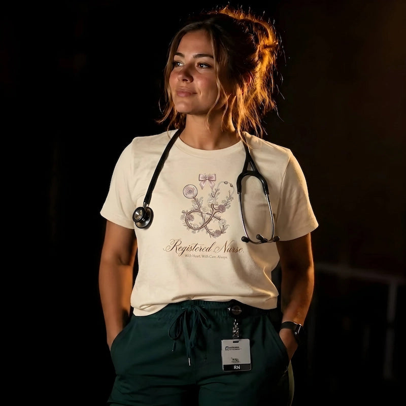 Person wearing a 'Registered Nurse' t-shirt with a stethoscope around their neck against a dark background